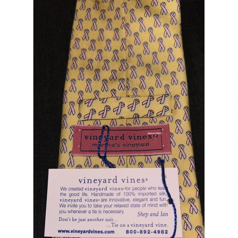 Vineyard Vines YELLOW NECK TIE Pink Ribbon Breast Cancer Awareness USA 100% Silk